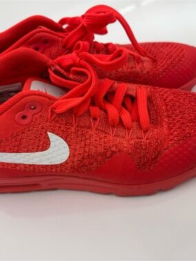 Nike Women’s Red Knit-Look Athletic Sneakers with White Swoosh